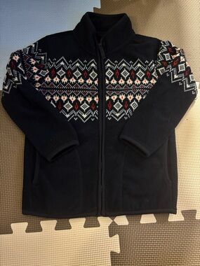 Uniqlo Kids Black Zip-Up Fleece Jacket with White and Red Fair Isle Pattern